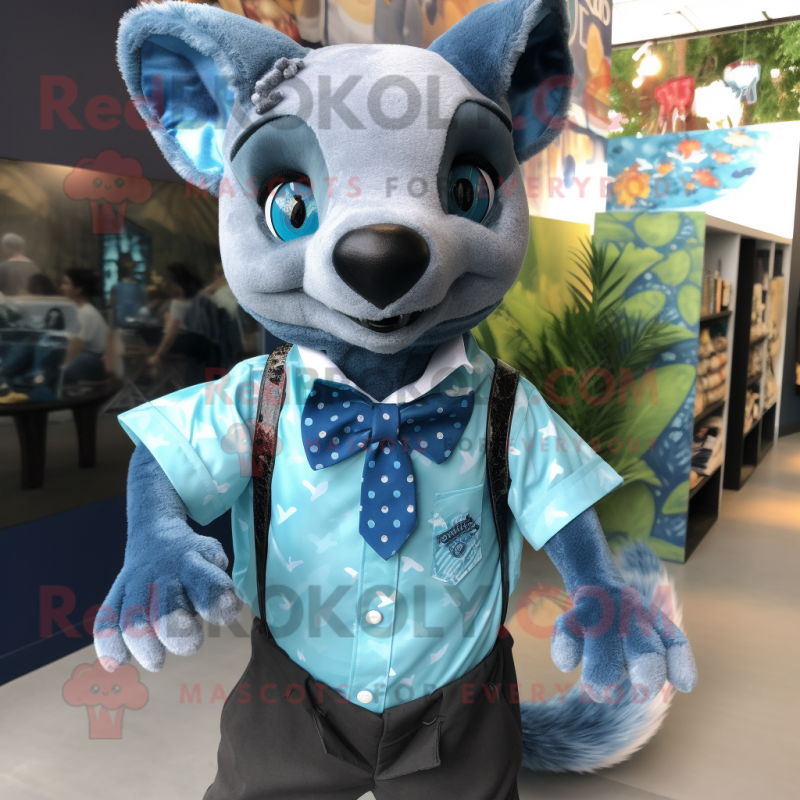 Blue Civet mascot costume character dressed with a Button-Up Shirt and Bow ties