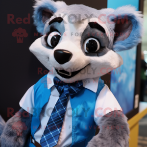 Blue Civet mascot costume character dressed with a Button-Up Shirt and Bow ties