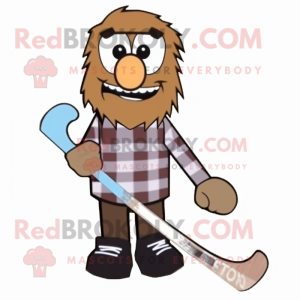 Brown Ice Hockey Stick mascot costume character dressed with a Flannel Shirt and Backpacks