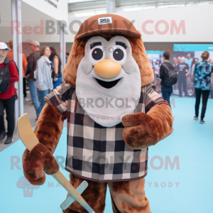 Brown Ice Hockey Stick mascot costume character dressed with a Flannel Shirt and Backpacks