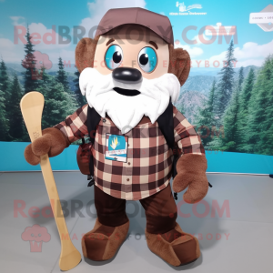 Brown Ice Hockey Stick mascot costume character dressed with a Flannel Shirt and Backpacks