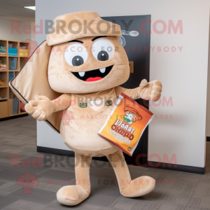 Tan Pizza mascot costume character dressed with a Vest and Tote bags