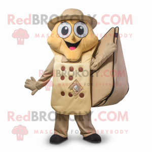 Tan Pizza mascot costume character dressed with a Vest and Tote bags