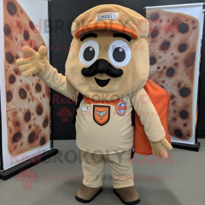 Tan Pizza mascot costume character dressed with a Vest and Tote bags