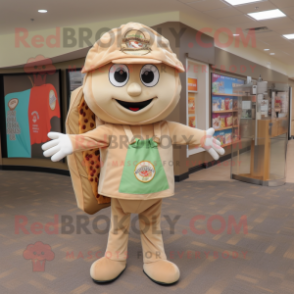 Tan Pizza mascot costume character dressed with a Vest and Tote bags