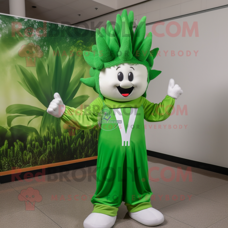 Forest Green Onion mascot costume character dressed with a Windbreaker and Hairpins Forest Green Onion mascot costume character dressed with a Windbreaker and Hairpins