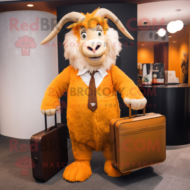 Orange Angora Goat mascot costume character dressed with a Trousers and Briefcases Orange Angora Goat mascot costume character dressed with a Trousers and Briefcases