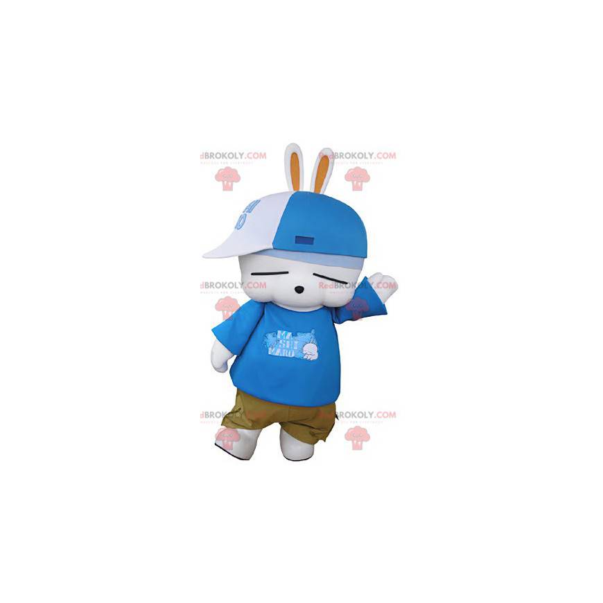 Very fun white rabbit mascot in hip-hop outfit - Redbrokoly.com