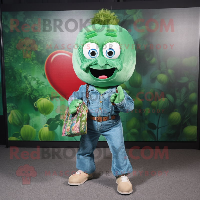 Green Heart mascot costume character dressed with a Denim Shirt and Wallets Green Heart mascot costume character dressed with a Denim Shirt and Wallets