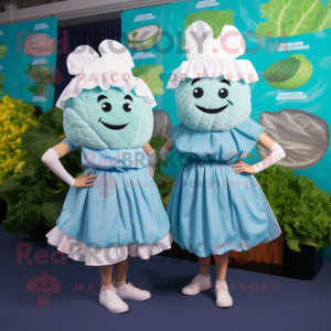 Sky Blue Corned Beef And Cabbage mascot costume character dressed with a Pleated Skirt and Necklaces