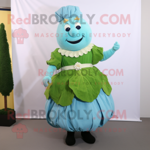 Sky Blue Corned Beef And Cabbage mascot costume character dressed with a Pleated Skirt and Necklaces