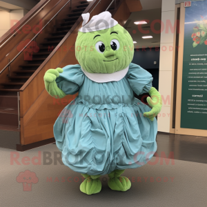 Sky Blue Corned Beef And Cabbage mascot costume character dressed with a Pleated Skirt and Necklaces