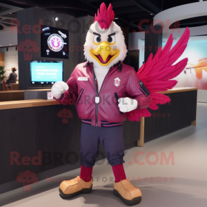 Magenta Rooster mascot costume character dressed with a Bomber Jacket and Digital watches