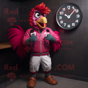 Magenta Rooster mascot costume character dressed with a Bomber Jacket and Digital watches