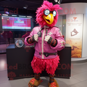 Magenta Rooster mascot costume character dressed with a Bomber Jacket and Digital watches