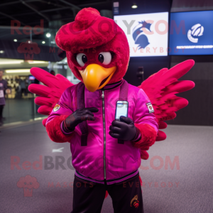 Magenta Rooster mascot costume character dressed with a Bomber Jacket and Digital watches
