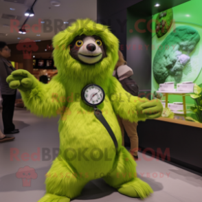 Lime Green Sloth Bear mascot costume character dressed with a Midi Dress and Digital watches