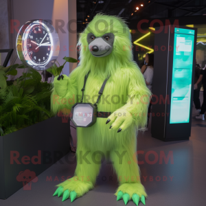 Lime Green Sloth Bear mascot costume character dressed with a Midi Dress and Digital watches