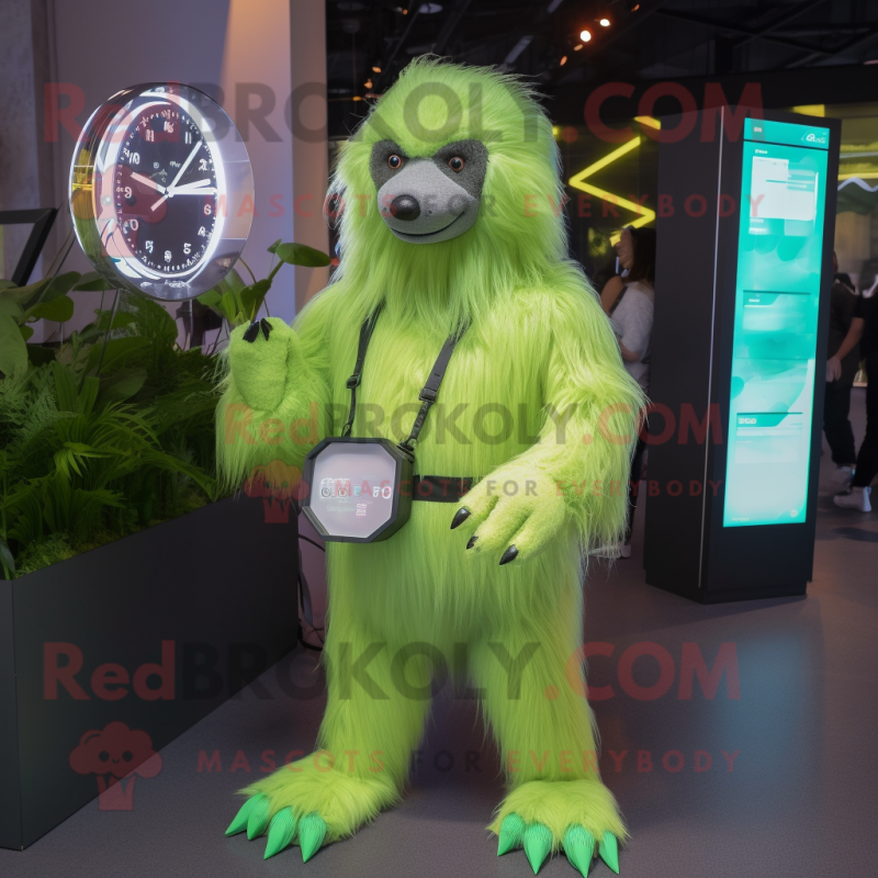 Lime Green Sloth Bear mascot costume character dressed with a Midi Dress and Digital watches Lime Green Sloth Bear mascot costume character dressed with a Midi Dress and Digital watches