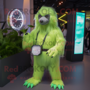 Lime Green Sloth Bear mascot costume character dressed with a Midi Dress and Digital watches