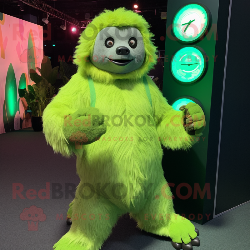 Lime Green Sloth Bear mascot costume character dressed with a Midi Dress and Digital watches