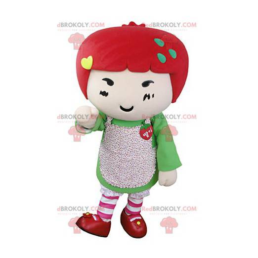 Garota mascote com cabelo vermelho. Mascote morango -