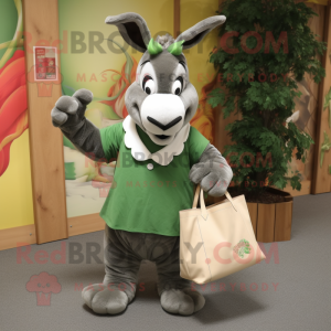 Forest Green Donkey mascot costume character dressed with a A-Line Skirt and Tote bags