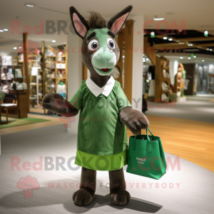 Forest Green Donkey mascot costume character dressed with a A-Line Skirt and Tote bags