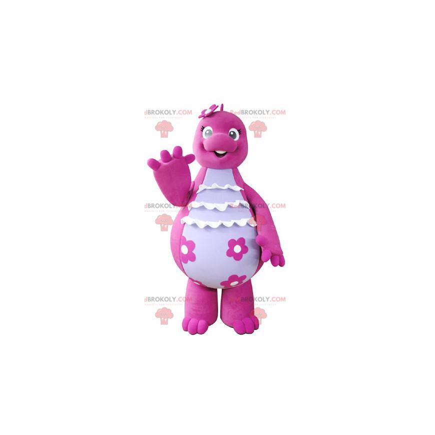 Simpatica e divertente mascotte di dinosauro rosa e bianco -