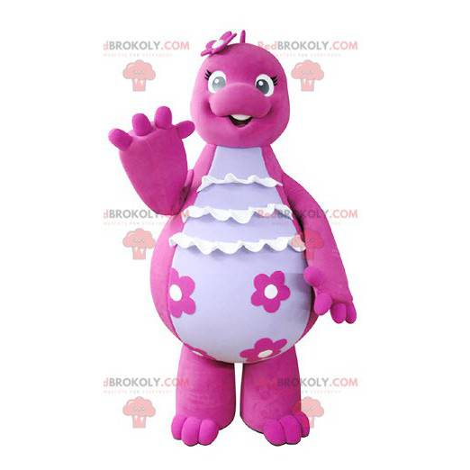 Mascote de dinossauro rosa e branco fofo e engraçado -
