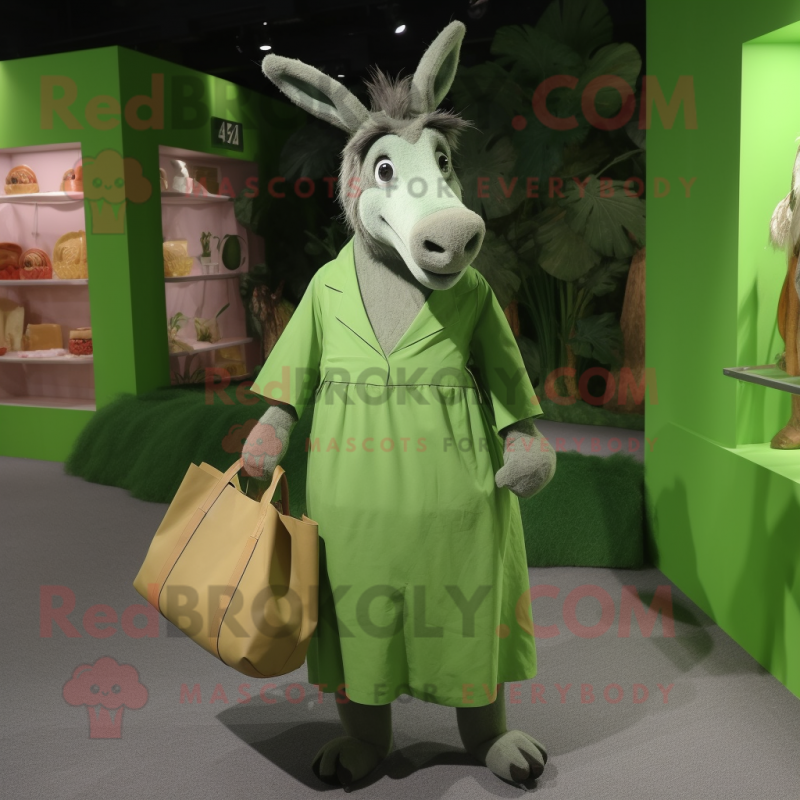 Forest Green Donkey mascot costume character dressed with a A-Line Skirt and Tote bags