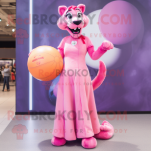 Pink Panther mascot costume character dressed with a Ball Gown and Earrings