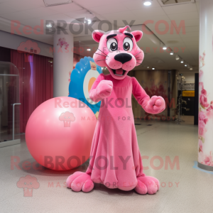 Pink Panther mascot costume character dressed with a Ball Gown and Earrings