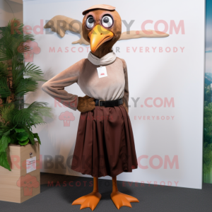 Brown Seagull mascot costume character dressed with a Maxi Skirt and Gloves