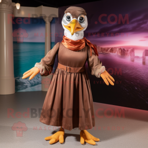 Brown Seagull mascot costume character dressed with a Maxi Skirt and Gloves