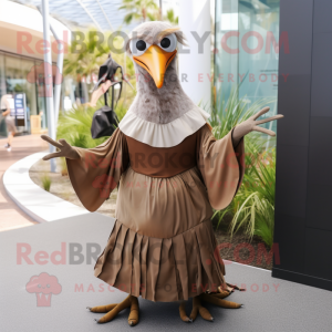 Brown Seagull mascot costume character dressed with a Maxi Skirt and Gloves