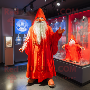 Red Wizard mascot costume character dressed with a Raincoat and Hairpins