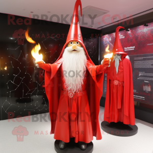 Red Wizard mascot costume character dressed with a Raincoat and Hairpins