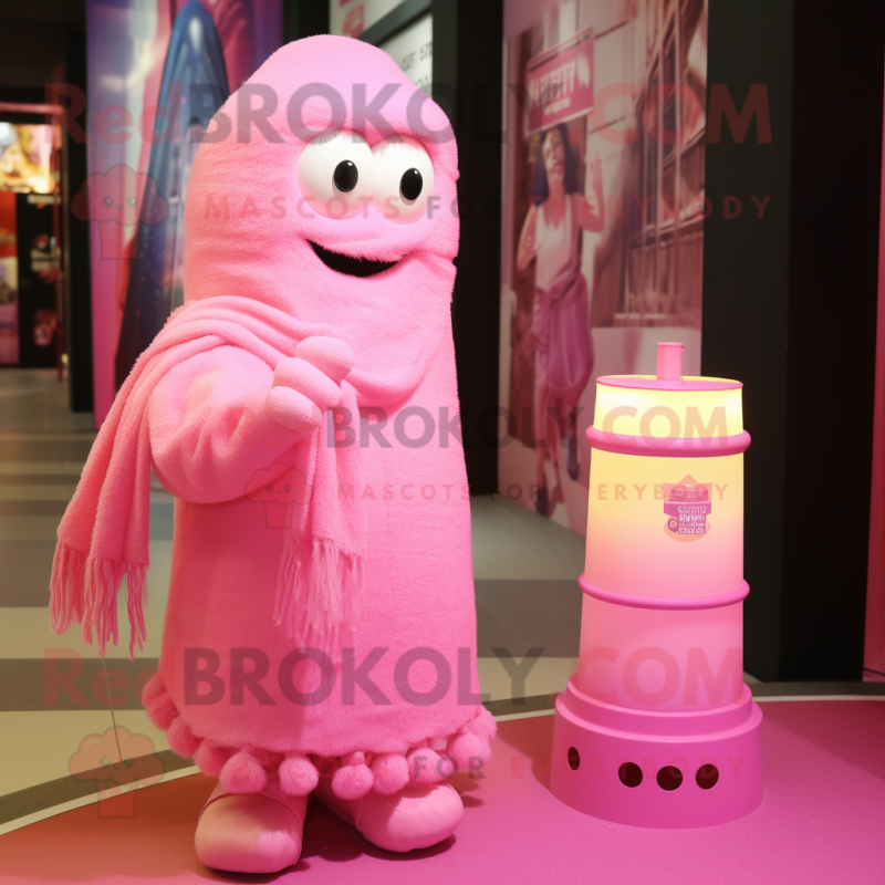 Pink Scented Candle mascot costume character dressed with a Cover-up and Scarf clips Pink Scented Candle mascot costume character dressed with a Cover-up and Scarf clips