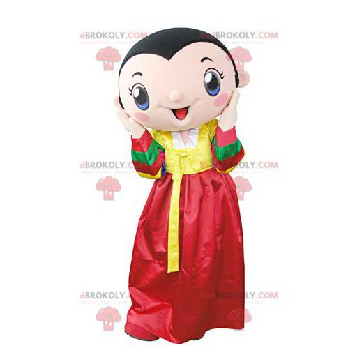 Mascot brunette woman wearing a yellow and red dress -