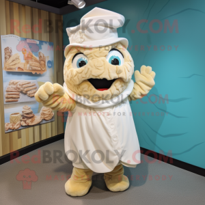 Cream Fish And Chips mascot costume character dressed with a Dress and Headbands