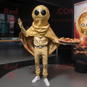 Gold Pizza mascot costume character dressed with a Skinny Jeans and Shawl pins