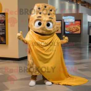 Gold Pizza mascot costume character dressed with a Skinny Jeans and Shawl pins