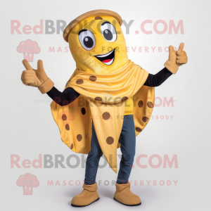 Gold Pizza mascot costume character dressed with a Skinny Jeans and Shawl pins