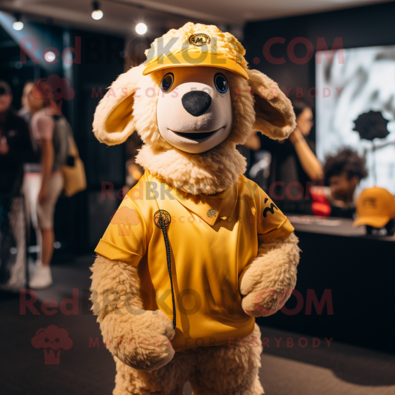 Gold Merino Sheep mascot costume character dressed with a V-Neck Tee and Caps Gold Merino Sheep mascot costume character dressed with a V-Neck Tee and Caps