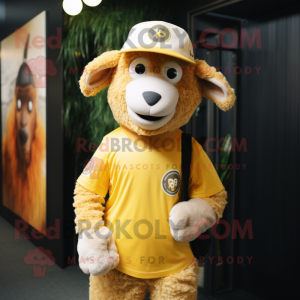 Gold Merino Sheep mascot costume character dressed with a V-Neck Tee and Caps