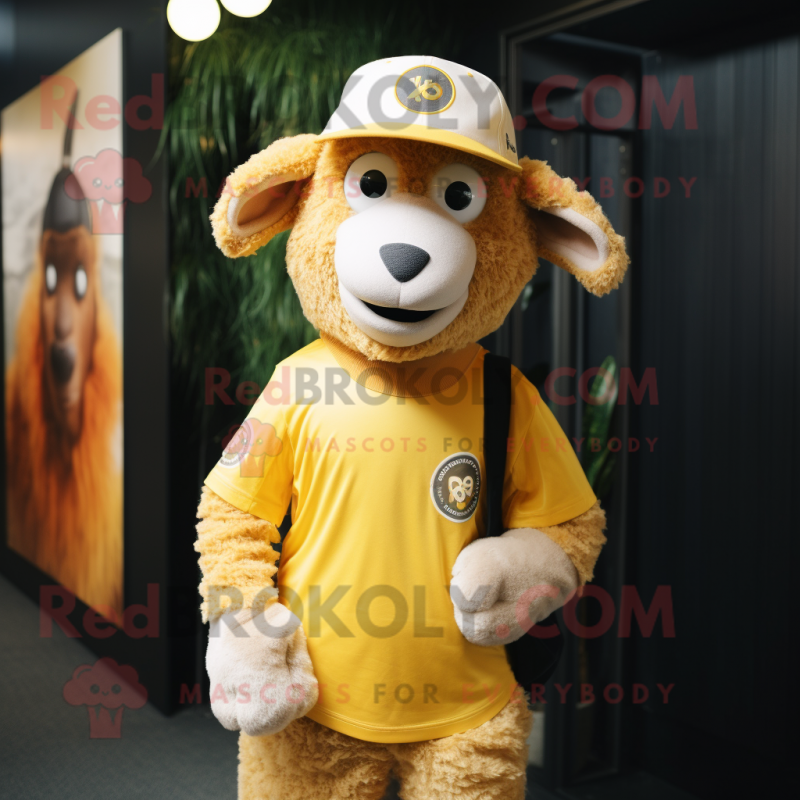 Gold Merino Sheep mascot costume character dressed with a V-Neck Tee and Caps Gold Merino Sheep mascot costume character dressed with a V-Neck Tee and Caps