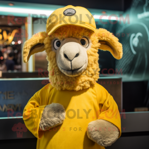 Gold Merino Sheep mascot costume character dressed with a V-Neck Tee and Caps