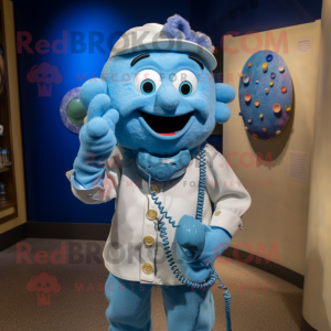 Blue Phone mascot costume character dressed with a Button-Up Shirt and Necklaces