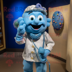 Blue Phone mascot costume character dressed with a Button-Up Shirt and Necklaces